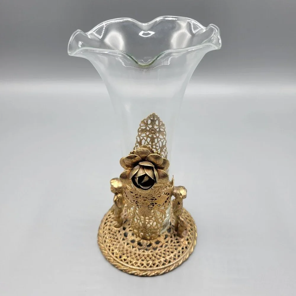 Antique Vintage Gold Brass Filigree Fluted Bud Vases Cherub Figural Design - Picture 12 of 16